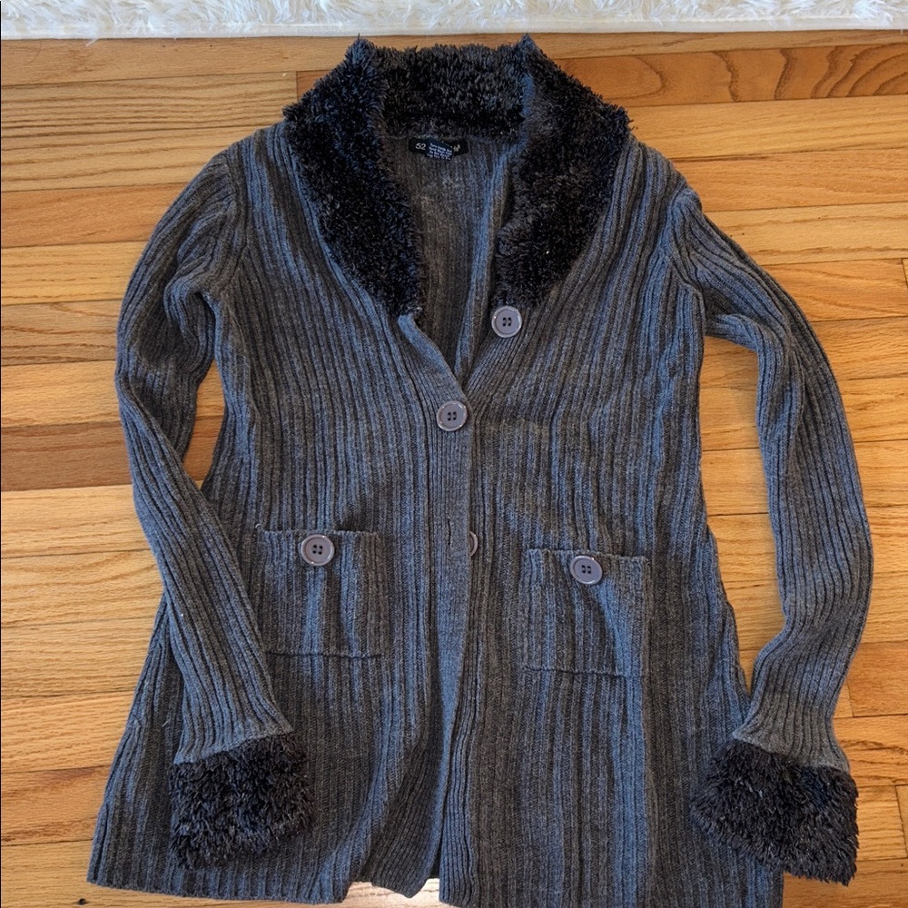 52 Weekends Charcoal sweater coat with  Fuzzy Trim